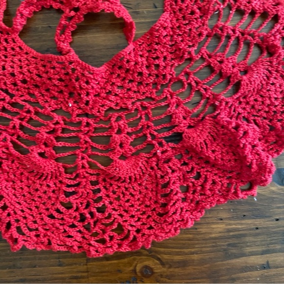 Collectible Beautiful Handmade Crocheted Doily Red Cottagecore Christmas 18" - Picture 4 of 5